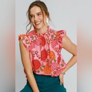 Umgee Full Size Floral Print Ruffled Cap Sleeve Blouse🆕